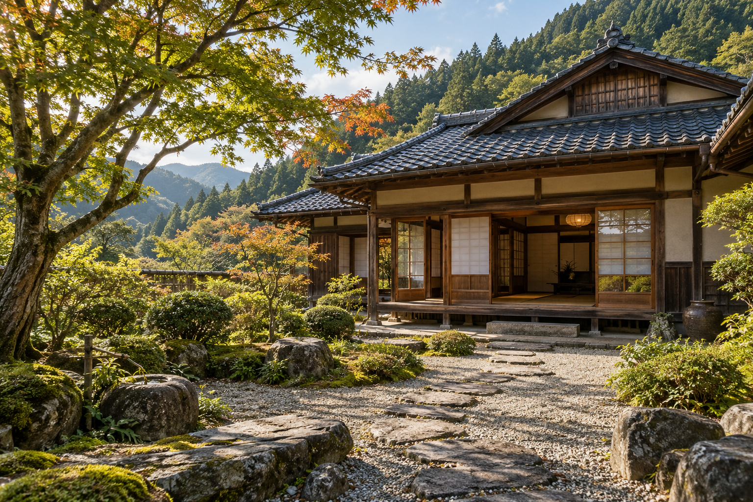 Illustrative Japanese timber home with a quiet garden